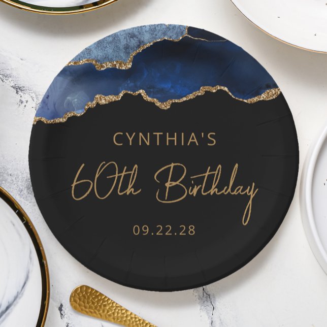 Chic Agate Navy Blue Gold 60th Birthday Party Paper Plate (Creator Uploaded)