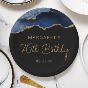 Chic Agate Navy Blue Gold 70th Birthday Party Paper Plate