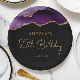Chic Agate Purple Gold 50th Birthday Party Paper Plate