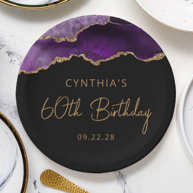 Chic Agate Purple Gold 60th Birthday Party Paper Plate (Creator Uploaded)