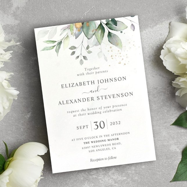 Chic airy greenery eucalyptus leaf gold wedding invitation (Creator Uploaded)