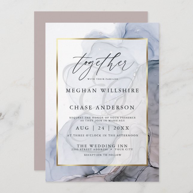 Chic Alcohol Ink Wedding Dusty Blue  Invitation (Front/Back)