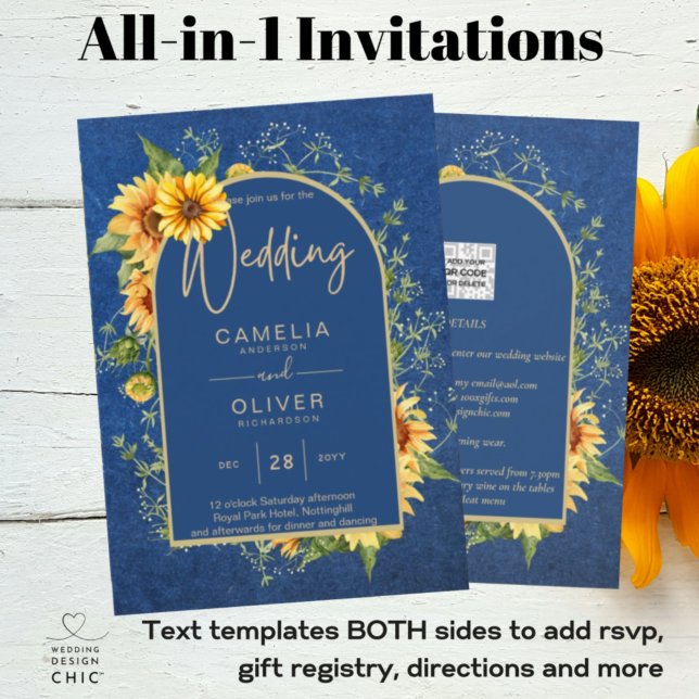 Chic All-in1 Rustic Sunflowers BLUE Yellow Wedding Invitation (Creator Uploaded)