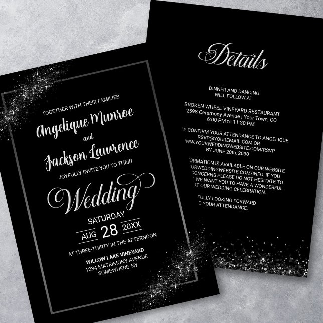 Chic All In One Black Glitter Wedding Invitation (Creator Uploaded)