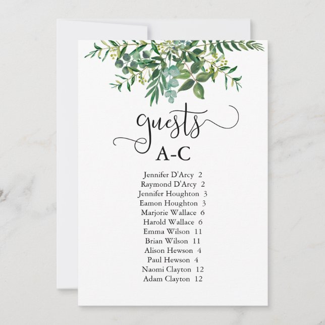 Chic alphabetical guest seating greenery wedding | invitation (Front)