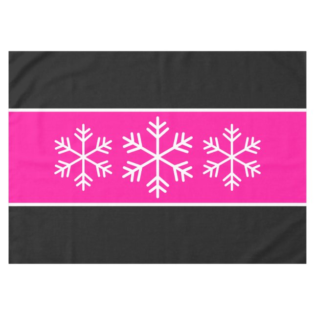 Chic Alpine Snowflakes Bright Pink Black Stripes Tablecloth (Front (Horizontal))