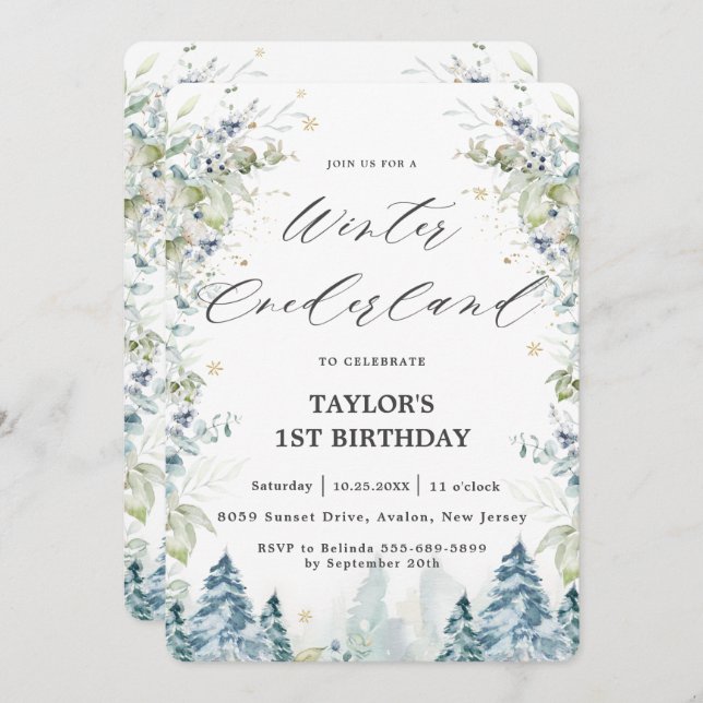 Chic Alpine Trees Winter Onederland 1st Birthday  Invitation (Front/Back)