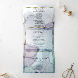 Chic Amethyst Teal Abstract Ink  Tri-Fold Invitati Invitation