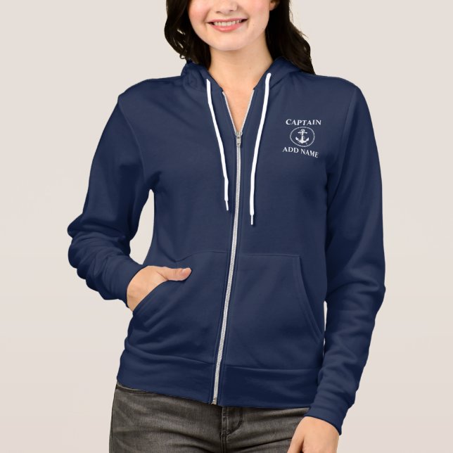 Chic Anchor with Rope & Your Name Navy Blue Zip-Up Hoodie (Front)