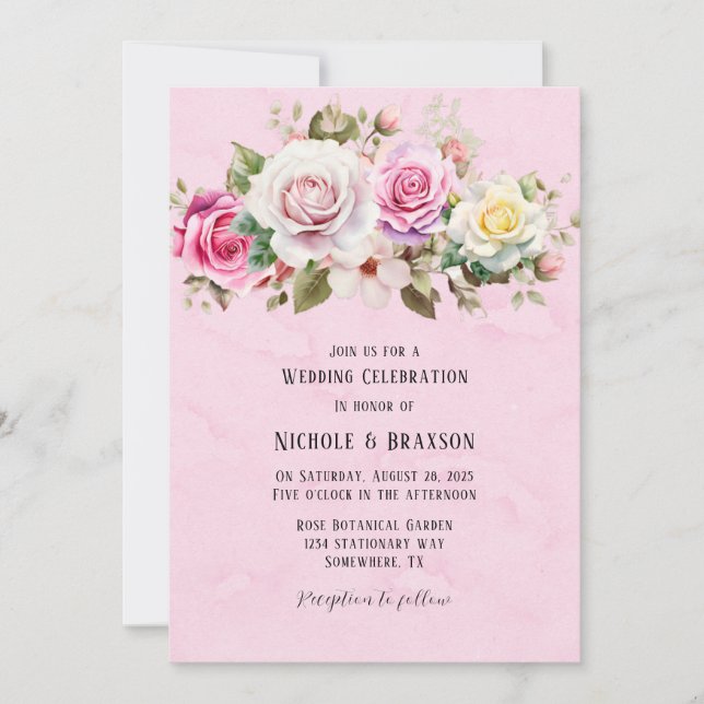 Chic and Elegant Pink Watercolor Roses Wedding  Invitation (Front)
