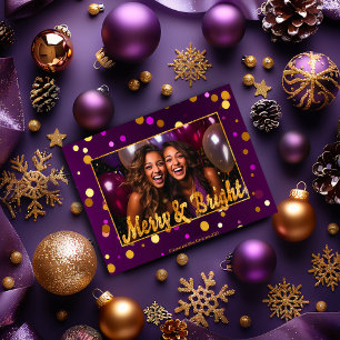 Chic and Festive Purple and Gold Confetti Photo  Holiday Card