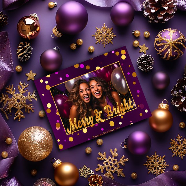 Chic and Festive Purple and Gold Confetti Photo  Holiday Card (Festive Purple Confetti 'Merry & Bright' Christmas Photo Greeting Card )