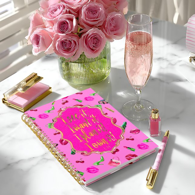 Chic and Fun Hot Pink & Green Glam “I See it"  Planner (Stylish Pink and Green Glam Motif Planner / Glossy Softcover (shown) or Matte Hardcover)