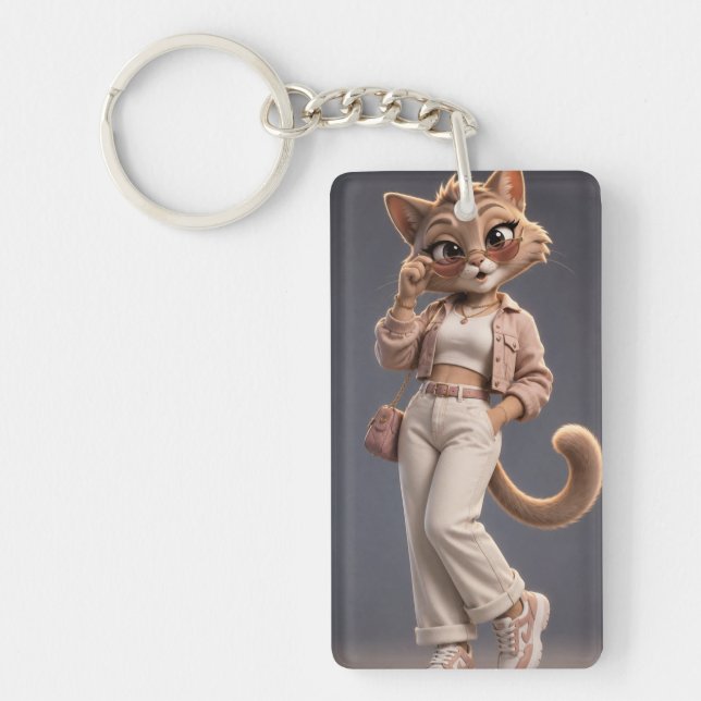 Chic and Stylish 3D Animated Cat Character Design  Key Ring (Front)