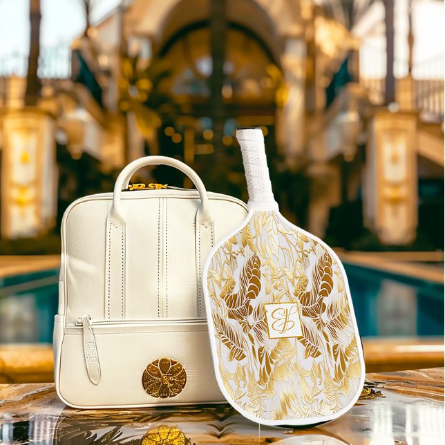 Chic and Stylish Monogrammed Monstera Gilded Gold Pickleball Paddle (Chic Monogrammed Monstera Gilded Gold Pickleball Paddle)