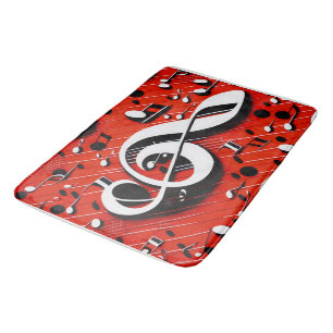 Chic and Trendy Red White and Black Clef Notes Bath Mat