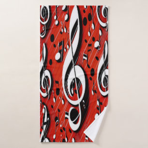 Chic and Trendy Red White and Black Clef Notes  Bath Towel