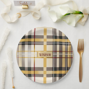 Chic and Trendy Taupe and Gold Plaid Paper Plate