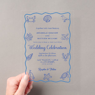 Chic and Whimsical Hand Drawn Sea Life Wedding Acrylic Invitations