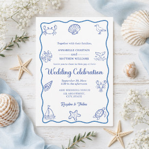 Chic and Whimsical Hand Drawn Sea Life Wedding Invitation