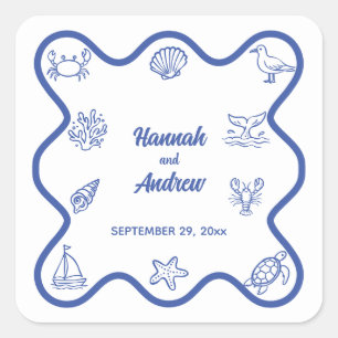 Chic and Whimsical Hand Drawn Sea Life Wedding Square Sticker