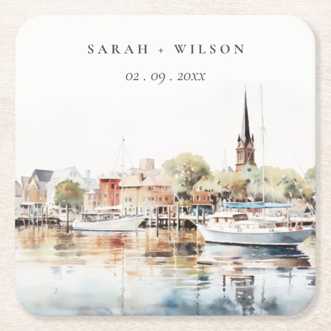 Chic Annapolis Maryland Watercolor Wedding Square Paper Coaster (Front)
