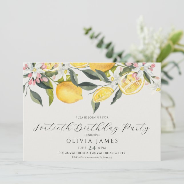 Chic Any year lemon Mediterranean tile birthday  Invitation (Standing Front)
