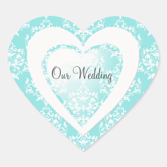 Chic Aqua Blue Damask Heart Wedding Sticker (Front)