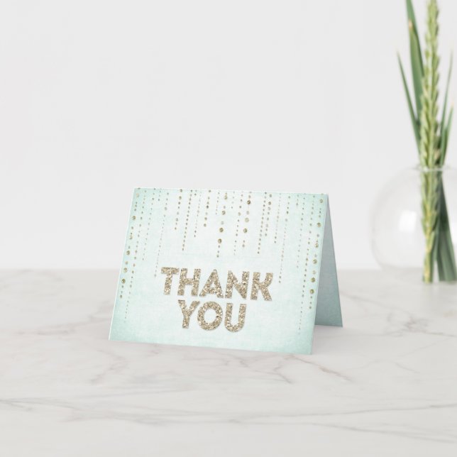 Chic Aqua Blue & Gold Glitter Thank You Card (Front)