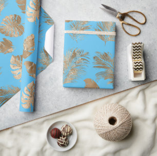 Chic Aqua Blue Gold Tropical Leaves Wrapping Paper