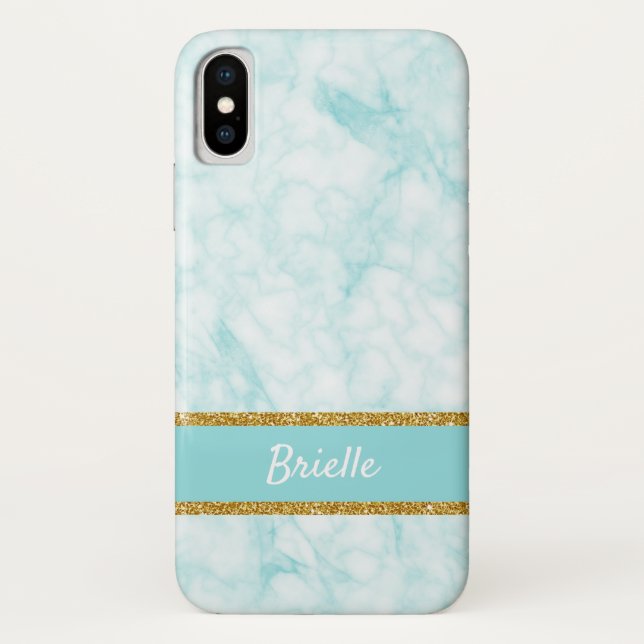 Chic Aqua Blue Marble FAUX Glitter Border and Name Case-Mate iPhone Case (Back)