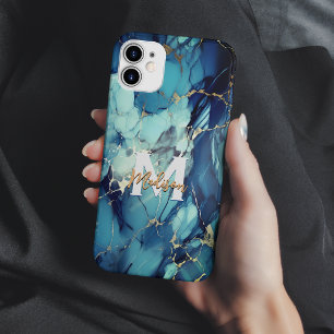 chic aqua blue marble faux gold glitter monogram Case-Mate iPhone 14 case