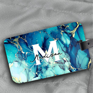 chic aqua blue marble faux gold glitter monogram luggage tag