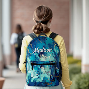 chic aqua blue marble faux gold glitter monogram printed backpack