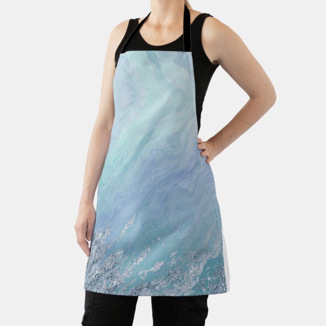 Chic Aqua Blue Marble Texture Abstract Sea Waves Apron (Insitu)