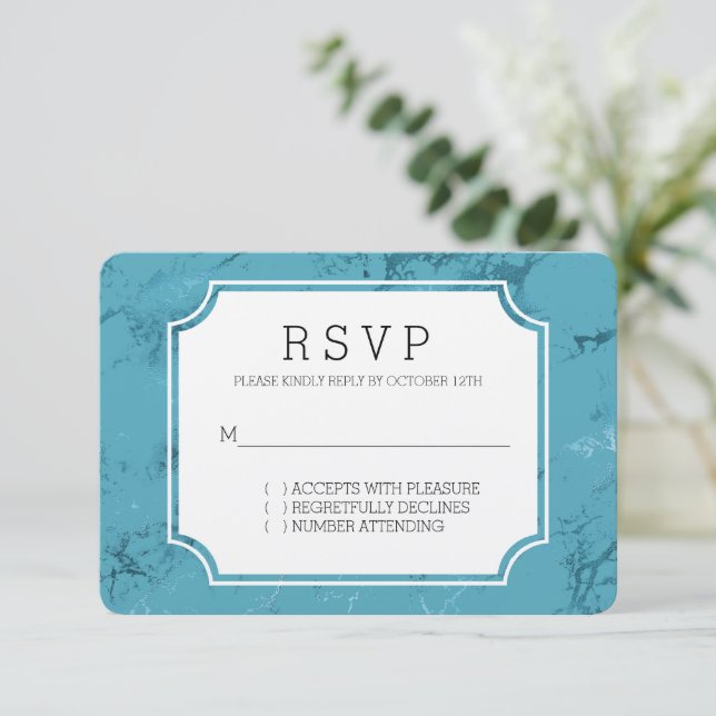 Chic Aqua Blue Marble Wedding RSVP Card (Standing Front)