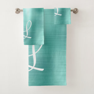 Chic Aqua Brushed Metal White Monogram Bath Towel Set