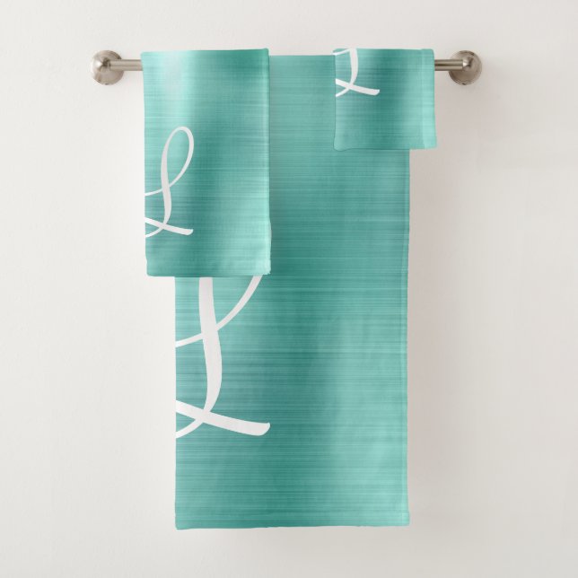 Chic Aqua Brushed Metal White Monogram Bath Towel Set (Insitu)