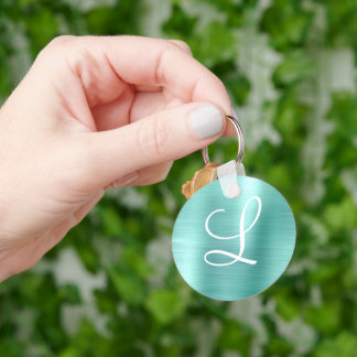 Chic Aqua Brushed Metal White Monogram Key Ring