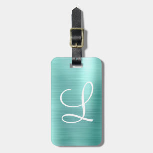 Chic Aqua Brushed Metal White Monogram Luggage Tag