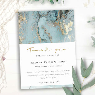 CHIC AQUA DUSKY BLUE GOLD AGATE SYMPATHY MEMORIAL THANK YOU CARD