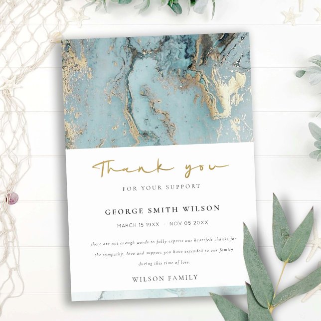 CHIC AQUA DUSKY BLUE GOLD AGATE SYMPATHY MEMORIAL  THANK YOU CARD (Creator Uploaded)