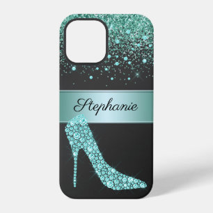 Chic Aqua Glitter Diamond High Heel Shoe Name iPhone 12 Pro Case