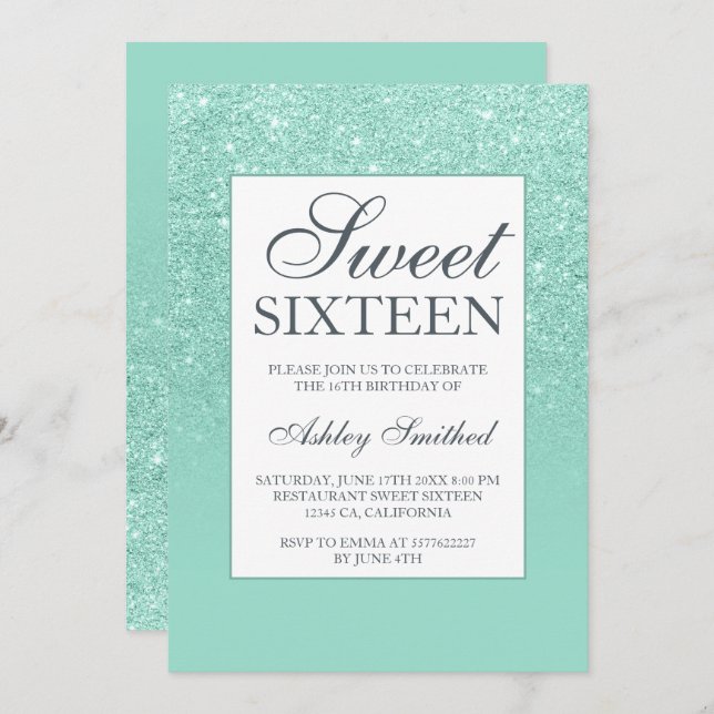 Chic aqua glitter elegant chic Sweet 16 Invitation (Front/Back)