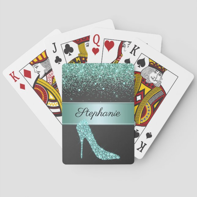 Chic Aqua Gold Glitter Diamond High Heel Shoe Name Playing Cards (Back)
