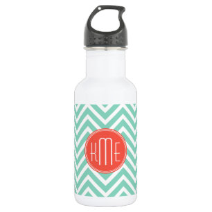 Chic Aqua Green Chevron and Orange Custom Monogram 532 Ml Water Bottle