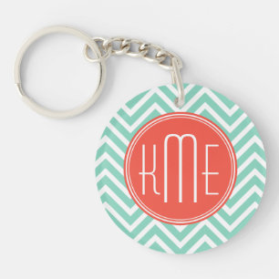 Chic Aqua Green Chevron and Orange Custom Monogram Key Ring
