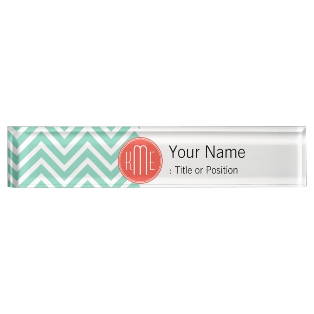 Chic Aqua Green Chevron and Orange Custom Monogram Nameplate (Front)