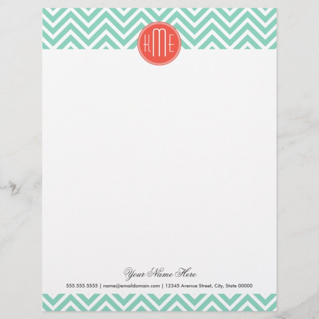 Chic Aqua Green Chevron and Orange Custom Monogram Personalised Letterhead (Front)