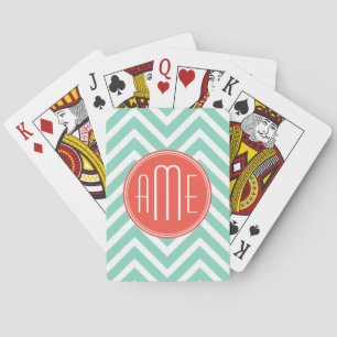 Chic Aqua Green Chevron and Orange Custom Monogram Playing Cards